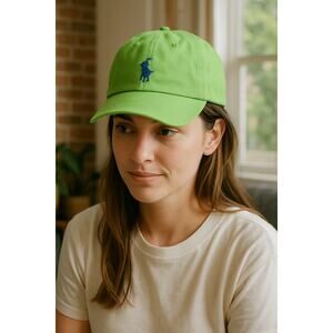 Polo Ralph Lauren Green Baseball Cap Hat Blue Pony Logo Leather Strap Adjustable